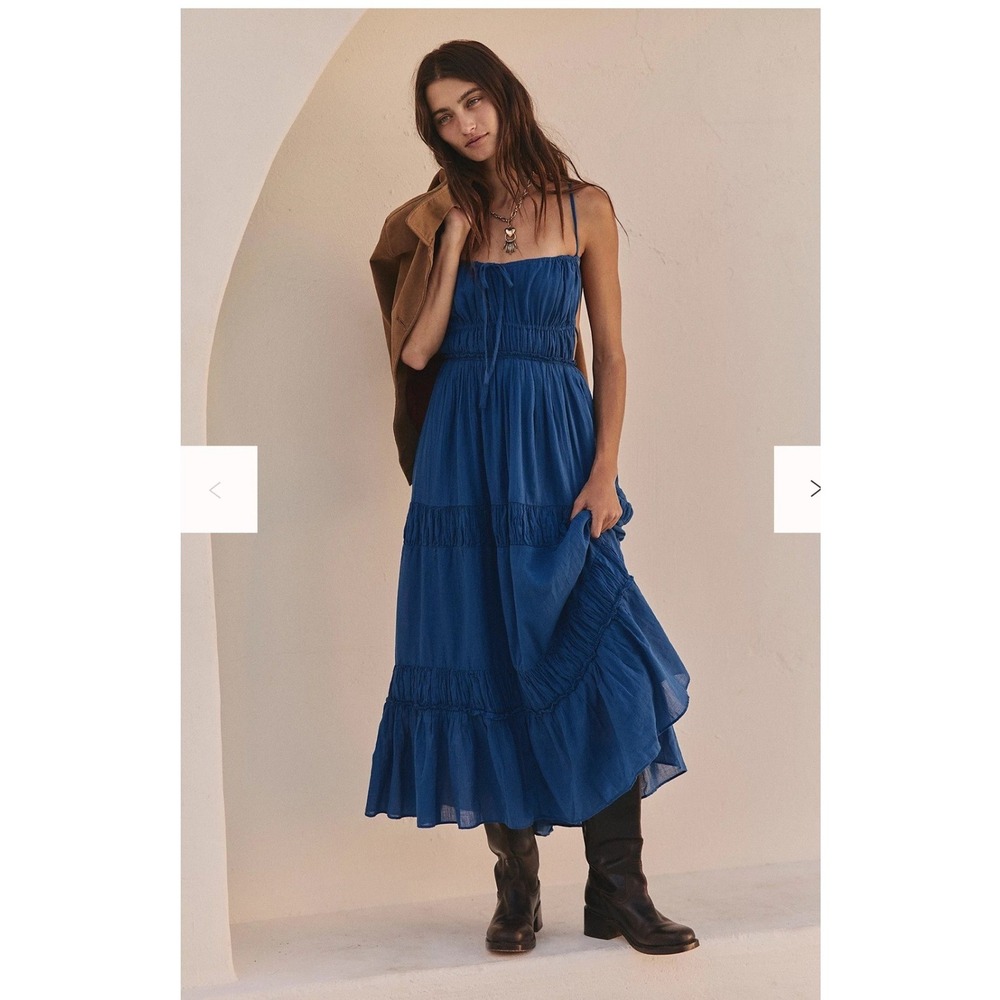 Free People Free-est Taking Sides Maxi Dress Blue XS Open Back Tiered Boho